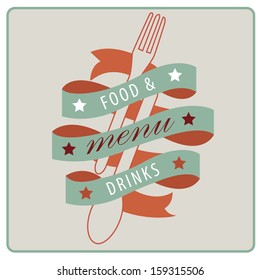 a fork and a spoon with a big ribbon with text for menu design