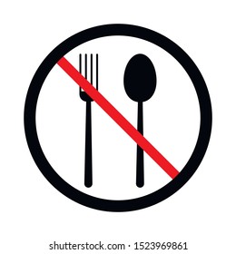 Fork and spoon black sign with a red stripe on a white background, vector