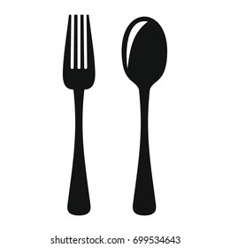 Fork and spoon in black simple silhouette style icons vector illustration for design and web isolated on white background. Fork and spoon vector object for labels and logo