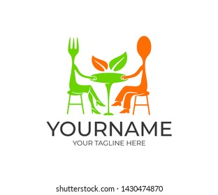 Fork and spoon cartoon character, sitting at the table in a restaurant, logo design. Food and drink, fast food, cafe and eatery, vector design and illustration