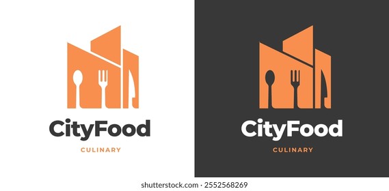 Tenedor y cuchara en la Inspiración del logotipo del edificio de la ciudad. Icono de construcción con tenedor y cuchara para la marca de restaurantes, cafeterías y servicios de alimentos. Ilustración del logotipo del Vector del restaurante.