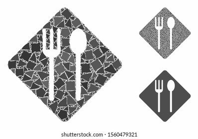 Fork and spoon composition of bumpy pieces in variable sizes and shades, based on fork and spoon icon. Vector irregular pieces are united into illustration.