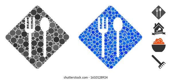 Fork and spoon composition of small circles in various sizes and color tones, based on fork and spoon icon. Vector round dots are combined into blue composition.