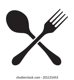 Fork and spoon cross silhouettes, isolated on white background.