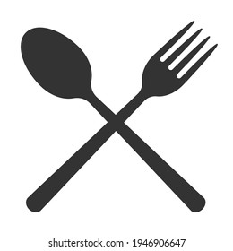 Fork and spoon crossed icon logo. Flat shape restaurant or cafe place sign. Utensil across. Kitchen and diner menu button symbol. Vector silhouette illustration image.