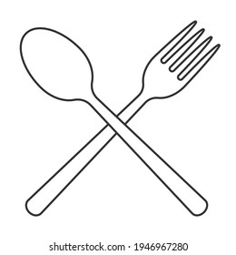 Fork and spoon crossed icon logo. Flat shape restaurant or cafe place sign. Utensil across. Kitchen and diner menu button symbol. Vector silhouette illustration image.