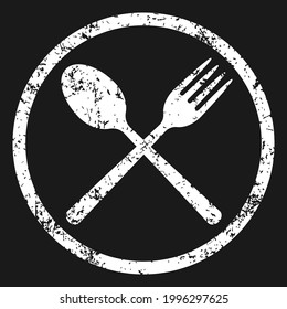La horquilla y la cuchara cruzaron el logotipo del icono. Grunge textura. Restaurante de forma plana o cartel de la cafetería. Utensil a través. Símbolo del botón de menú de cocina y cena. Imagen de ilustración de silueta vectorial.