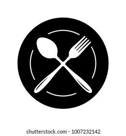 fork and spoon crossed on a plate vector icon. cutlery isolated on white background