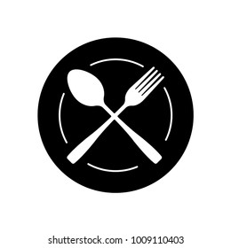 fork and spoon crossed on a plate vector icon