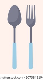 Fork and spoon. Dinner items, kitchen utensils, table decoration. Graphic elements for kitchenware market. Badges, icons, stickers, buttons. Metal, aluminum. Cartoon flat vector illustration