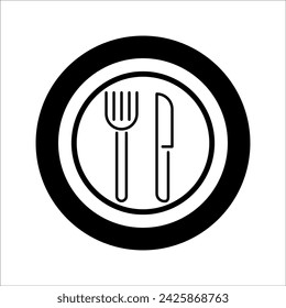 Gabel, Löffel, Tellerlinien-Symbol, Umriss Vektor-Zeichen, lineares Piktogramm isoliert auf weiß. Restaurant, Food Court Symbol, Logo-Illustration