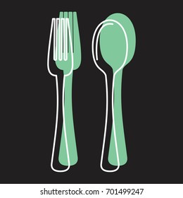 Fork and spoon in doodle style icons vector illustration for design and web isolated on black background. Fork and spoon vector object for labels and logo