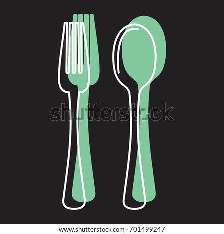 Fork and spoon in doodle style icons vector illustration for design and web isolated on black background. Fork and spoon vector object for labels and logo