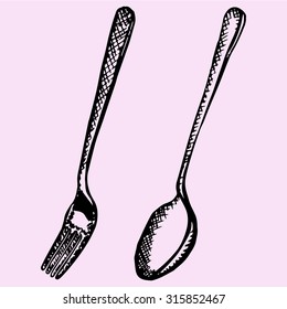 Fork and spoon. Doodle style, sketch illustration.