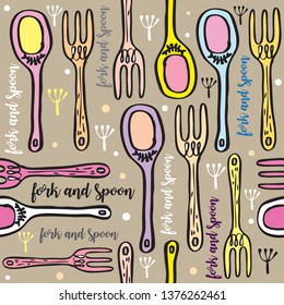 Fork and spoon with drawing,Cutlery vector,Fork and spoon vector object for labels and logo,Seamless pattern of forks, spoons,