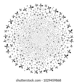 Fork And Spoon festive spheric cluster. Object pattern made from random fork and spoon pictographs as festive globula. Vector illustration style is flat iconic symbols.