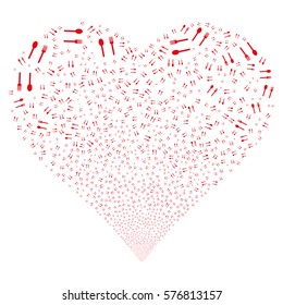 Fork And Spoon fireworks with heart shape. Vector illustration style is flat red iconic symbols on a white background. Object love heart done from confetti symbols.