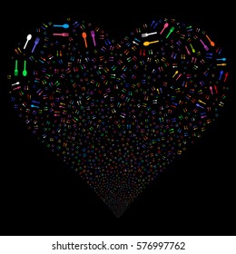 Fork And Spoon fireworks with heart shape. Vector illustration style is flat bright multicolored iconic symbols on a black background. Object salute made from random symbols.