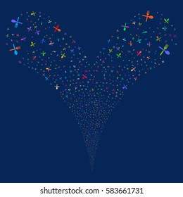 Fork And Spoon fireworks stream. Vector illustration style is flat bright multicolored iconic symbols on a blue background. Object double fountain combined from random pictograms.