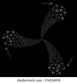 Fork And Spoon fireworks swirl rotation. Vector illustration style is flat white iconic symbols on a black background. Object twirl created from random design elements.