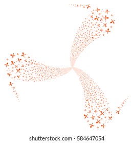 Fork And Spoon fireworks swirl rotation. Vector illustration style is flat orange iconic symbols on a white background. Object whirl organized from random icons.