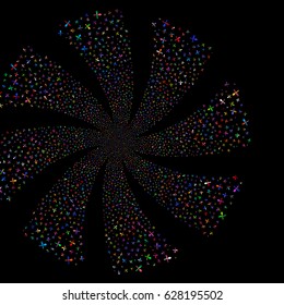 Fork And Spoon fireworks swirl rotation. Vector illustration style is flat bright multicolored iconic symbols on a black background. Object spiral made from random design elements.