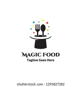 fork and spoon food in magic hat logo icon vector template