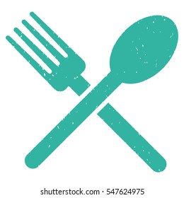 Fork and Spoon grainy textured icon for overlay watermark stamps. Flat symbol with unclean texture. Dotted vector cyan ink rubber seal stamp with grunge design on a white background.