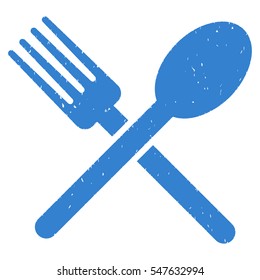 Fork and Spoon grainy textured icon for overlay watermark stamps. Flat symbol with dust texture. Dotted vector cobalt ink rubber seal stamp with grunge design on a white background.