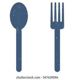 Fork and Spoon grainy textured icon for overlay watermark stamps. Flat symbol with dust texture. Dotted vector blue ink rubber seal stamp with grunge design on a white background.