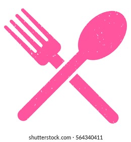 Fork and Spoon grainy textured icon for overlay watermark stamps. Flat symbol with dust texture. Dotted vector pink ink rubber seal stamp with grunge design on a white background.