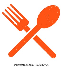 Fork and Spoon grainy textured icon for overlay watermark stamps. Flat symbol with scratched texture. Dotted vector orange ink rubber seal stamp with grunge design on a white background.