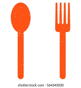 Fork and Spoon grainy textured icon for overlay watermark stamps. Flat symbol with dust texture. Dotted vector orange ink rubber seal stamp with grunge design on a white background.