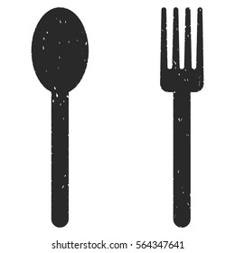 Fork and Spoon grainy textured icon for overlay watermark stamps. Flat symbol with dust texture. Dotted vector gray ink rubber seal stamp with grunge design on a white background.