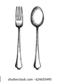 Fork And Spoon Hand Drawing. Vector Illustration