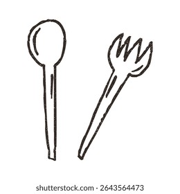 Fork and spoon, hand drawn doodle, vector illustration isolated on white background. Outline sketch style with grunge vintage texture. Restaurant andafe concept.
