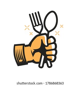 Fork and spoon in hand symbol. Cooking, cookery, restaurant, food concept