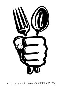 Fork and spoon in hand symbol. Food service emblem for restaurant or snack bar menu