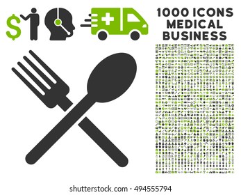 Fork and Spoon icon with 1000 medical commercial eco green and gray vector pictographs. Clipart style is flat bicolor symbols, white background.