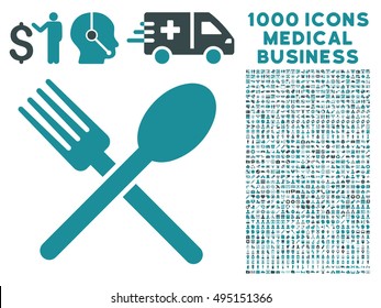 Fork and Spoon icon with 1000 medical commerce soft blue vector design elements. Collection style is flat bicolor symbols, white background.