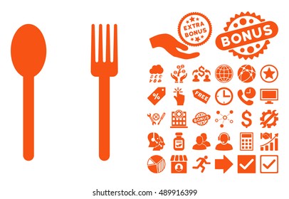 Fork and Spoon icon with bonus clip art. Vector illustration style is flat iconic symbols, orange color, white background.