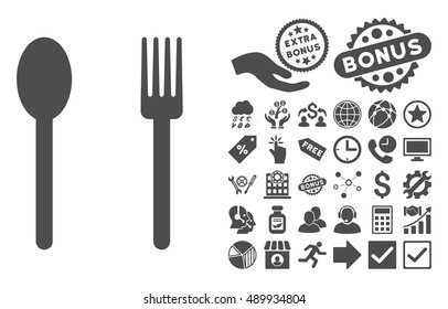 Fork and Spoon icon with bonus images. Vector illustration style is flat iconic symbols, gray color, white background.