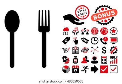 Fork and Spoon icon with bonus pictogram. Vector illustration style is flat iconic bicolor symbols, intensive red and black colors, white background.