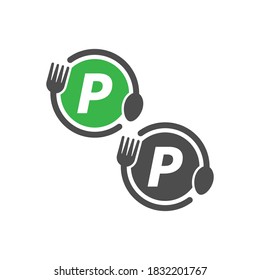 Fork and spoon icon circling letter P logo design concept