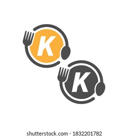 Fork and spoon icon circling letter K logo design concept