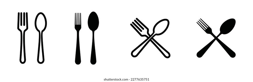 Icono de horquilla y cuchara. Icono de cubiertos conjunto en línea y estilo plano. Símbolo del icono de Dinnerware. Iconos de cubiertos cruzados. Signo y símbolo del restaurante. Ilustración del vector