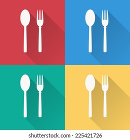 fork and spoon icon , flat design on 4 color background