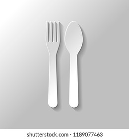Fork and spoon, icon. Kitchen tools. Paper style with shadow on gray background