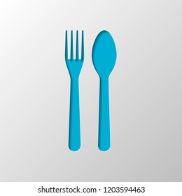 Fork and spoon, icon. Kitchen tools. Paper design. Cutted symbol with shadow