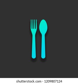 Fork and spoon, icon. Kitchen tools. Colorful logo concept with soft shadow on dark background. Icon color of azure ocean